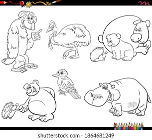 Black and white cartoon illustration of animals comic characters set coloring book page