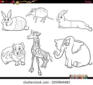 Black and white cartoon illustration of animals comic characters set coloring book page