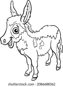 Black and white cartoon illustration of baby donkey farm animal character coloring book page