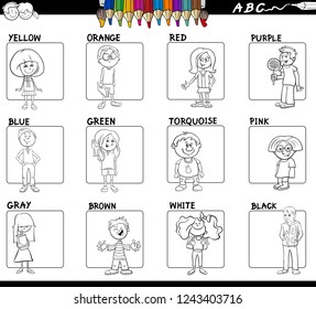 Black and White Cartoon Illustration of Basic Colors with Kid Characters Educational Set for Children Color Book