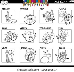 Black and White Cartoon Illustration of Basic Colors with Funny Fruits and Food Object Characters Educational Set Color Book