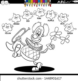 Black and White Cartoon Illustration of Basic Colors Educational Worksheet with Funny Clown Character Coloring Book