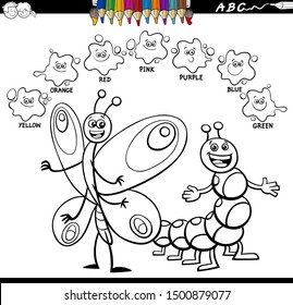 Black and White Cartoon Illustration of Basic Colors Educational Worksheet with Funny Butterfly and Caterpillar Insect Characters Coloring Book