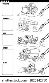 Dibujo en blanco y negro Ilustración de colores básicos con personajes de vehículos divertidos Juego educativo para niños de preescolar coloreando página de libro