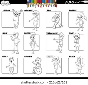 Black and white cartoon illustration of basic colors with comic children characters educational set coloring page