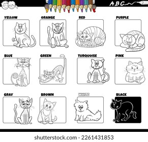Black and white cartoon illustration of basic colors with comic cats characters educational set coloring page