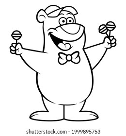 Black and white cartoon illustration of Bear wearing hat and bowtie peddle a candy on the street, suitable for coloring book of children with snack themes
