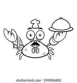 Black and white cartoon illustration of big fat crab wearing chef hat and holding a cloche and arm towel, suitable for coloring book of kids with seafood restaurant themes