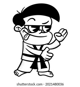 Black and white cartoon illustration of Boy wearing karate uniform put stances and get ready for fight, best for icon, logo, and mascot with martial arts themes