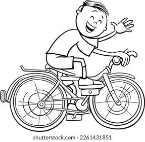 Black and white cartoon illustration of boy character riding a bicycle coloring page