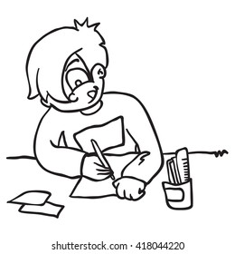 black and white cartoon illustration of a boy writing letter