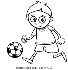 Black And White Cartoon Illustration Of Boy Playing Football Or Soccer Coloring Book