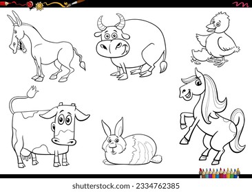 Dibujo de dibujos animados en blanco y negro de la granja de toros con personajes cómicos de animales de granja de toros página de color