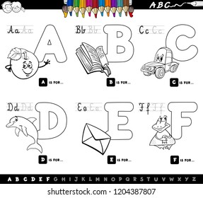 Black and White Cartoon Illustration of Capital Letters Alphabet Educational Set for Reading and Writing Learning for Children from A to F Color Book