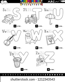 Black and White Cartoon Illustration of Capital Letters Alphabet Educational Set for Reading and Writing Learning for Children from S to Z Color Book