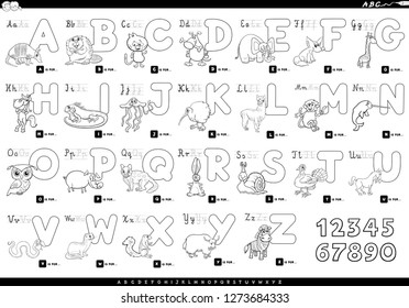 Black and White Cartoon Illustration of Capital Letters Alphabet Set with Animal Characters for Reading and Writing Education for Children Coloring Book