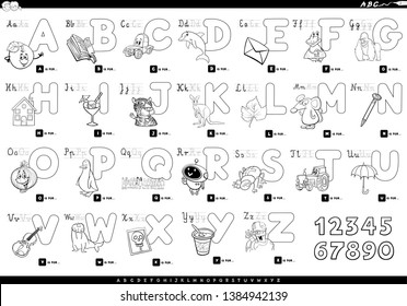 Black and White Cartoon Illustration of Capital Letters Alphabet Set with Funny Characters for Reading and Writing Education for Children Coloring Book