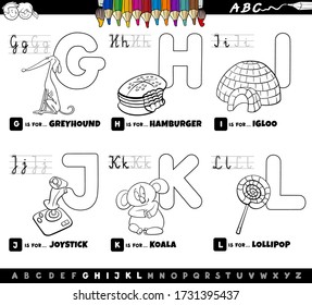 Black and White Cartoon Illustration of Capital Letters Alphabet Educational Set for Reading and Writing Learning for Preschool and Elementary Age Children from G to L Coloring Book Page