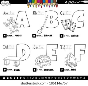 Black and white cartoon illustration of capital letters from alphabet educational set for reading and writing practice for children from A to F coloring book page