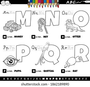 Black and white cartoon illustration of capital letters from alphabet educational set for reading and writing practise for children from M to R coloring book page