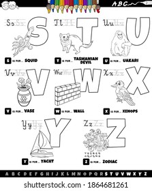 Black and white cartoon illustration of capital letters alphabet educational set for reading and writing practice for elementary age children from S to Z coloring book page
