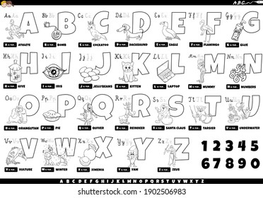 Black and white cartoon illustration of capital letters alphabet set with funny characters and objects for reading and writing education for children