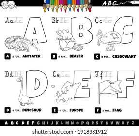 Black and white cartoon illustration of capital letters from alphabet educational set for reading and writing practice for kids from A to F coloring book page