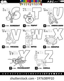 Black and white cartoon illustration of capital letters alphabet educational set for reading and writing practice for elementary age children from S to Z coloring book page