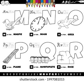 Black and white cartoon illustration of capital letters from alphabet educational set for reading and writing practise for children from M to R coloring book page