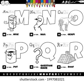 Black and white cartoon illustration of capital letters from alphabet educational set for reading and writing practise for kids from M to R coloring book page