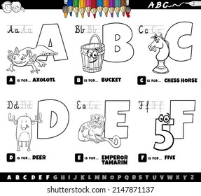 Black and white cartoon illustration of capital letters from alphabet educational set for reading and writing practice for children from A to F coloring book page