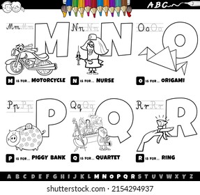 Black and white cartoon illustration of capital letters from alphabet educational set for reading and writing practise for children from M to R coloring book page