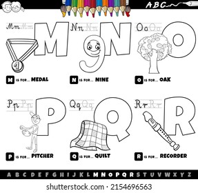 Black and white cartoon illustration of capital letters from alphabet educational set for reading and writing practise for children from M to R coloring book page