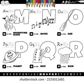 Black and white cartoon illustration of capital letters from alphabet educational set for reading and writing practise for children from M to R coloring book page
