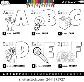 Black and white cartoon illustration of capital letters from alphabet educational set for reading and writing practice for children from A to F coloring page