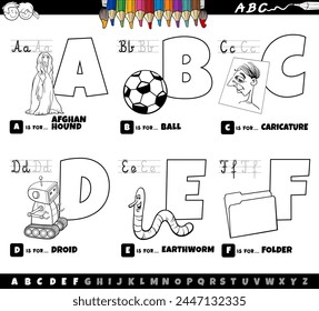 Black and white cartoon illustration of capital letters from alphabet educational set for reading and writing practice for children from A to F coloring page