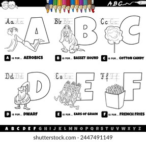 Black and white cartoon illustration of capital letters from alphabet educational set for reading and writing practice for children from A to F coloring page