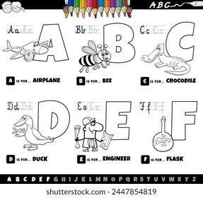 Black and white cartoon illustration of capital letters from alphabet educational set for reading and writing practice for children from A to F coloring page