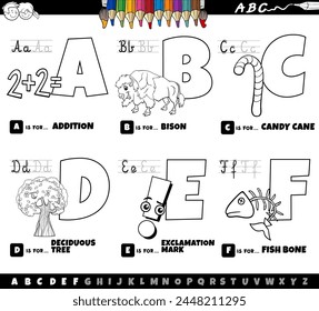 Black and white cartoon illustration of capital letters from alphabet educational set for reading and writing practice for children from A to F coloring page