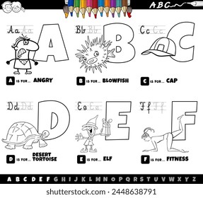 Black and white cartoon illustration of capital letters from alphabet educational set for reading and writing practice for children from A to F coloring page