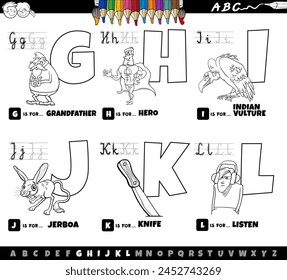 Black and white cartoon illustration of capital letters from alphabet educational set for reading and writing practise for children from G to L coloring page