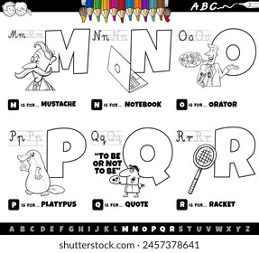 Black and white cartoon illustration of capital letters from alphabet educational set for reading and writing practise for children from M to R coloring page