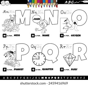 Black and white cartoon illustration of capital letters from alphabet educational set for reading and writing practise for children from M to R coloring page