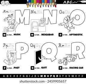 Ilustración de dibujos animados en blanco y negro de letras mayúsculas del conjunto educativo del alfabeto para la práctica de lectura y escritura para niños de M a R para colorear página