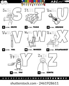 Black and white cartoon illustration of capital letters alphabet educational set for reading and writing practice for elementary age children from S to Z coloring book page