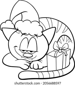 Black and white cartoon illustration of cat animal character with present on Christmas time coloring book page