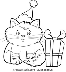 Black and white cartoon illustration of cat or kitten animal character with present on Christmas time coloring book page