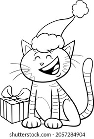 Black and white cartoon illustration of cat or kitten animal character with present on Christmas time coloring book page