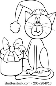Black and white cartoon illustration of cat animal character with gift on Christmas time coloring book page