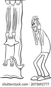 Black and white cartoon illustration of cat hanging on curtain and his terrified owner coloring book page